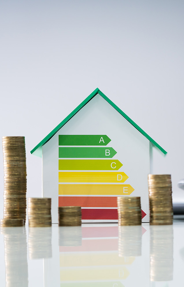 modello di casa con scala di riferimento per il risparmio energetico e colonne di monete